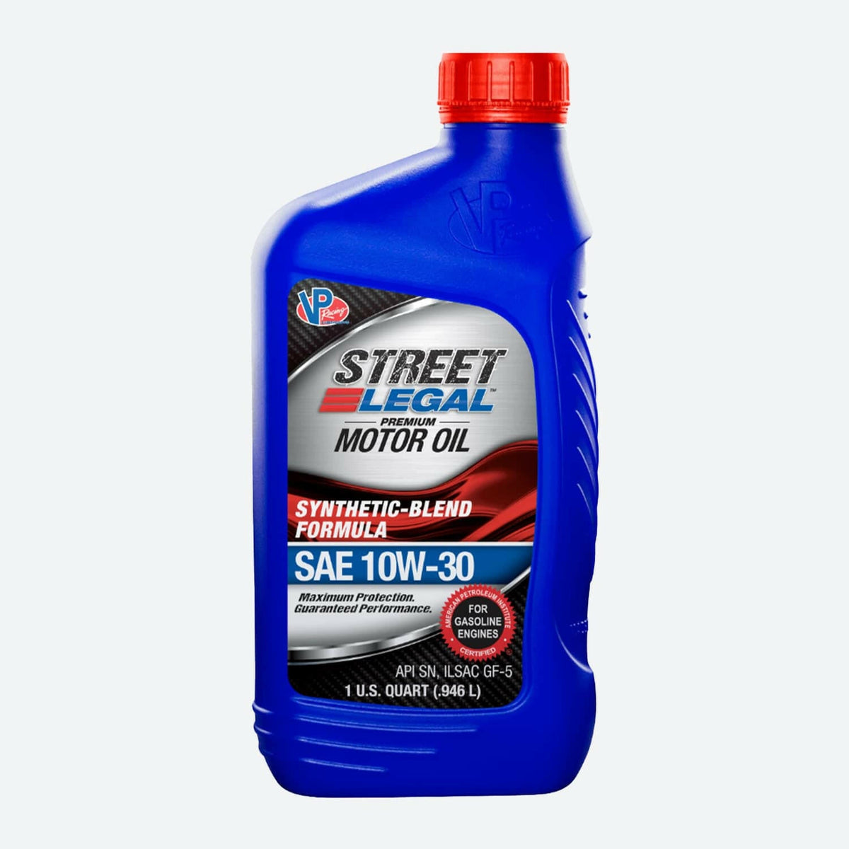 quart bottle of VP Street Legal 10w30 synthetic blend motor oil