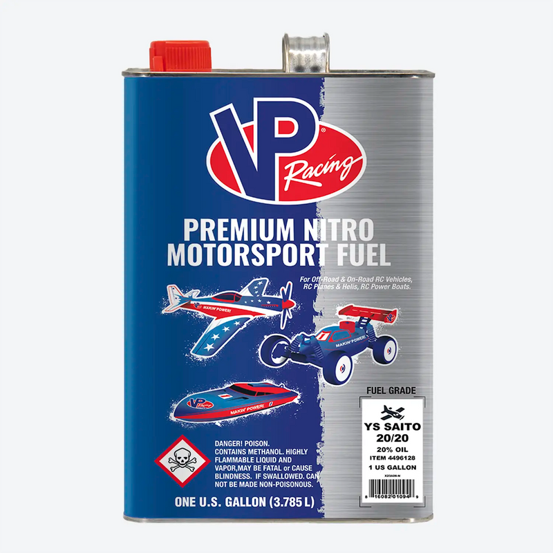 a one-gallon can of YS Saito 4-stroke 20 20 RC aviation fuel