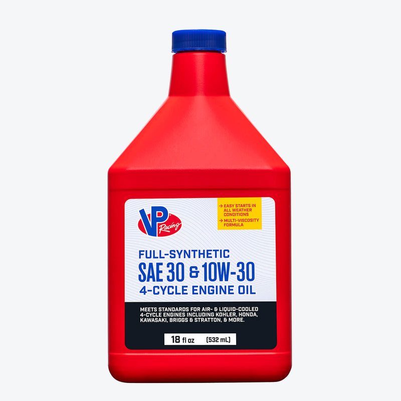 18 ounce bottle of VP SAE 30/10W-30 4-cycle engine oil for outdoor equipment