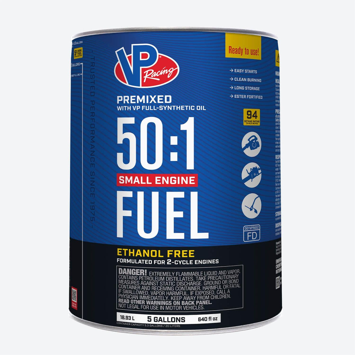 VP Racing 50:1 Fuel Mix: Premixed Ethanol-Free 94 Octane.