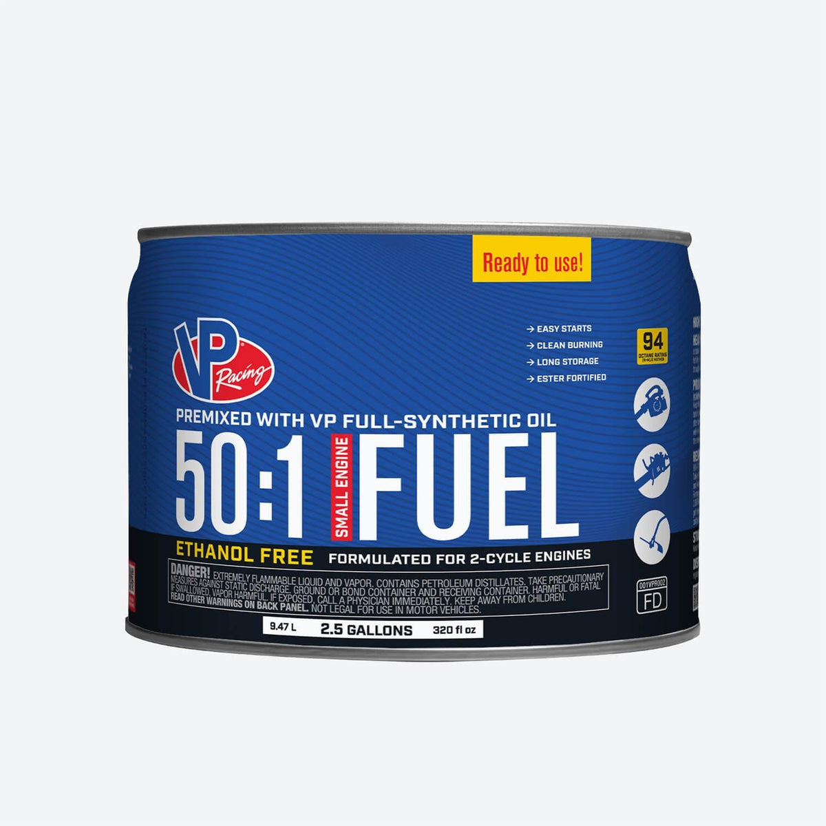 VP Racing 50:1 Fuel Mix: Premixed Ethanol-Free 94 Octane.