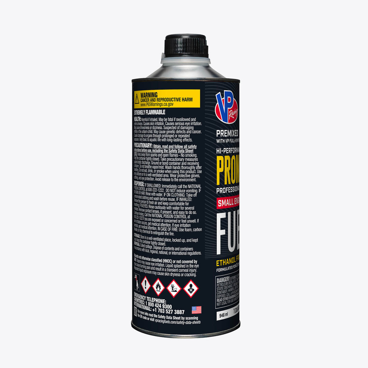 A one-quart bottle of 2-cycle VP ProMax 97 octane fuel for portable outdoor equipment
