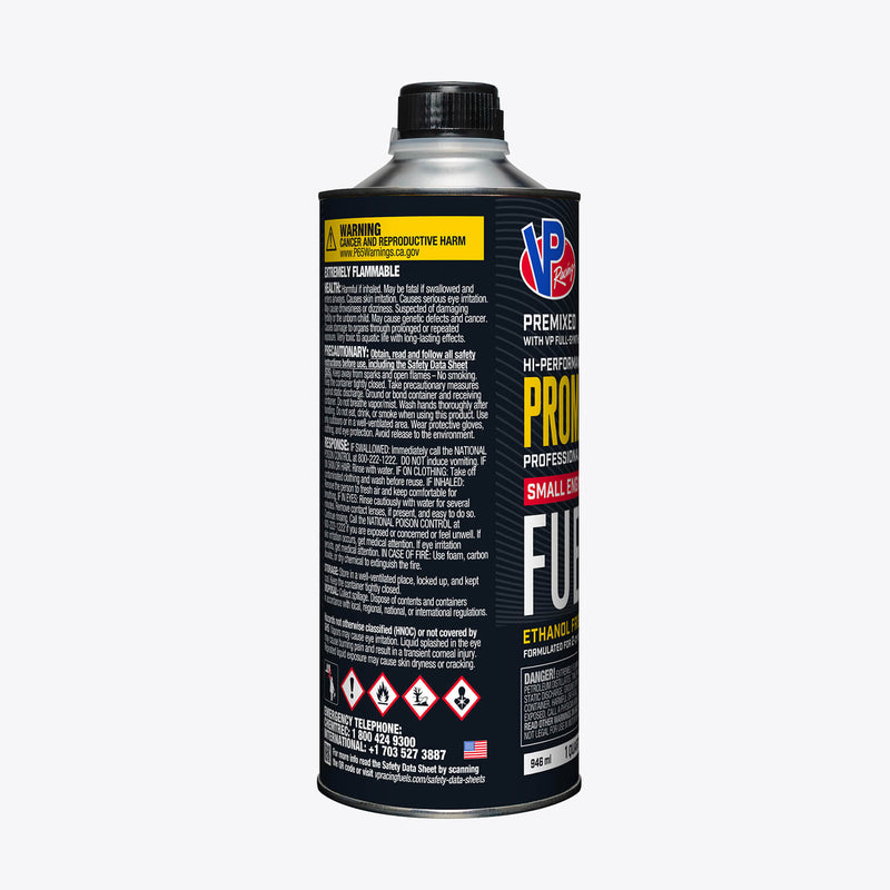 A one-quart bottle of 2-cycle VP ProMax 97 octane fuel for portable outdoor equipment
