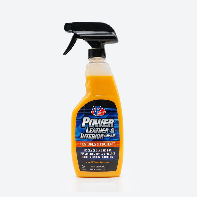 A bottle of VP Power™ Leather & Interior Detailer. Non-oily, anti-static car detailing leather cleaner