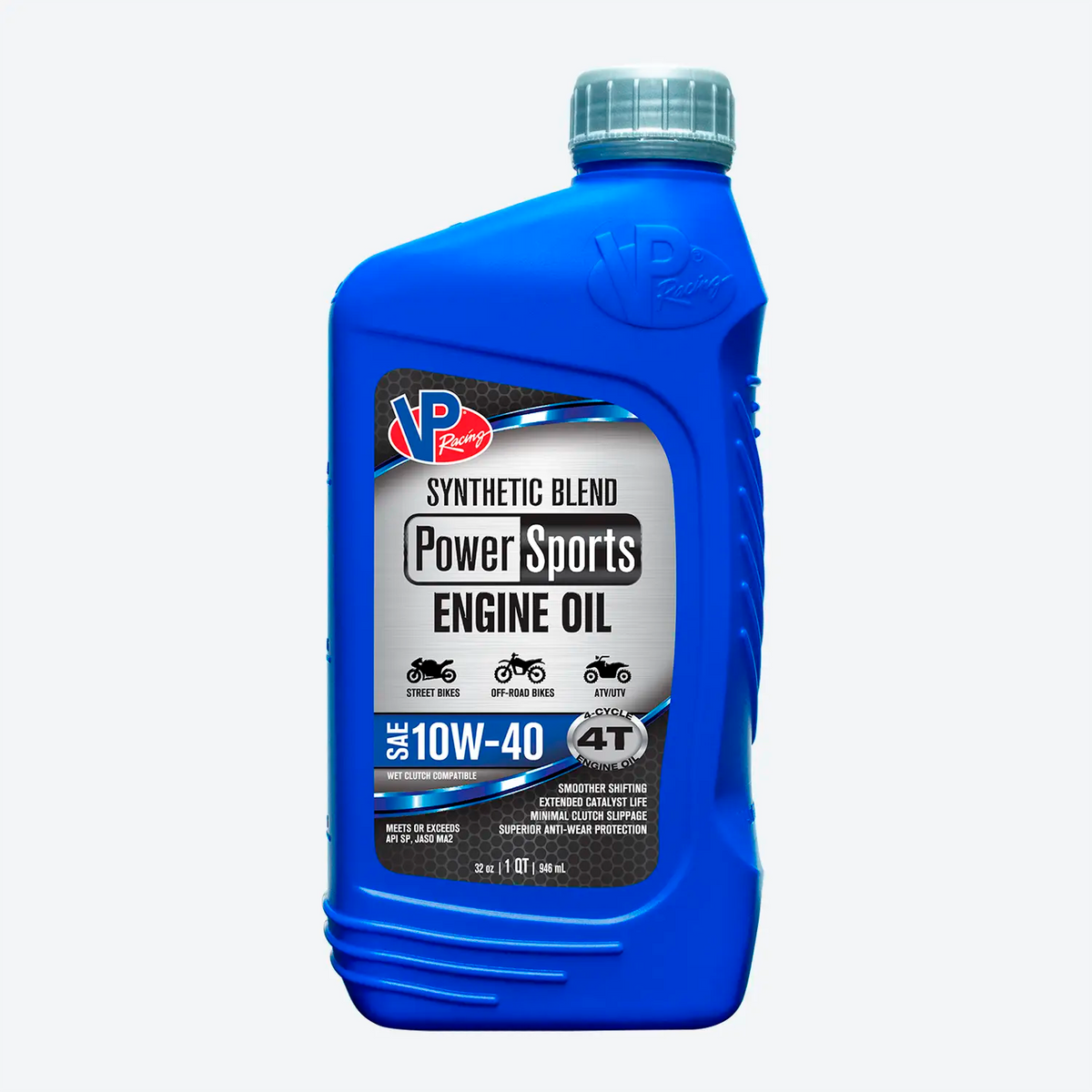 quart bottle of VP 4T SAE 10w40 semi-synthetic oil for motorcycles, UTVs and ATVs