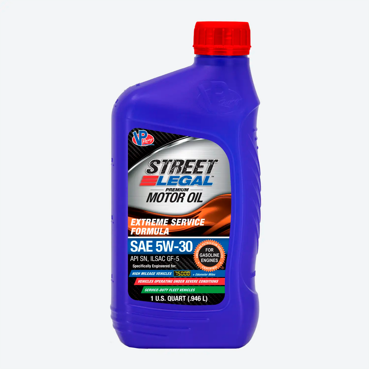 VP Racing SAE 5W-30 VP Street Legal Synthetic Blend Formula Motor Oil.